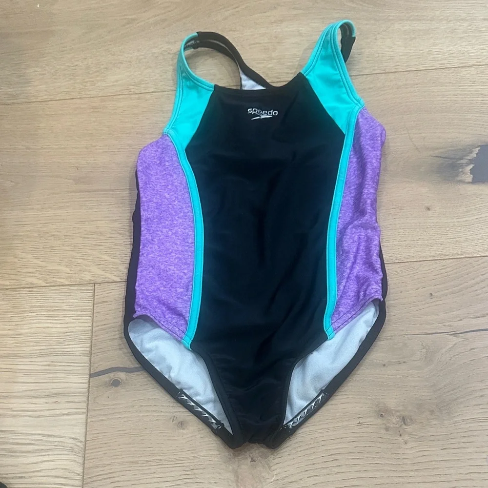 Speedo girls Black, Purple, and Teal One Piece Swimsuit